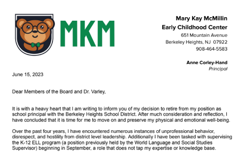 MKM Principal’s Resignation Letter to Dr. Varley and The Berkeley Heights Board of Education