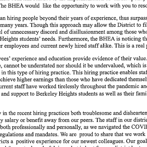 Letter From the Berkeley Heights Education Association To Dr. Varley and the BOE
